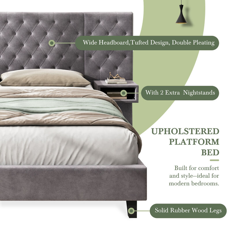 Merax Modern Velvet Upholstered Platform Bed with Headboard