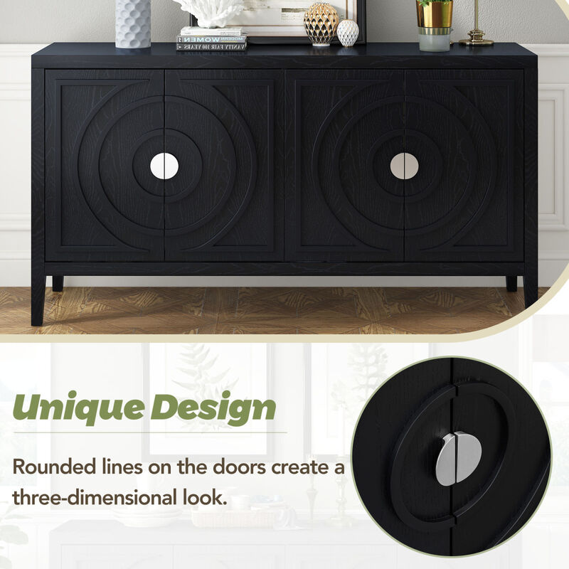 Retro Sideboard Door with Circular Groove Design & Round Metal Handle for Entrance, Dining & Living Room