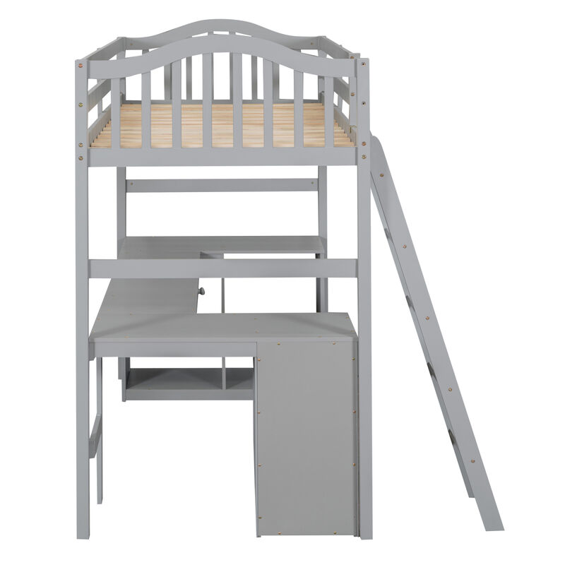 Twin Size Loft Bed With Drawers, Cabinet, Shelves And Desk, Wooden Loft Bed With Desk