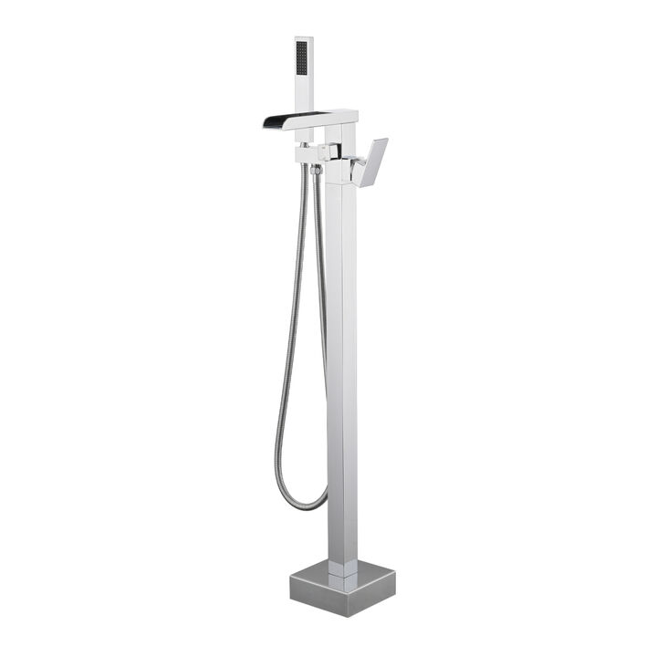 Bathroom Freestanding Waterfall Tub Filler Matte Black Floor Mount Faucet With Hand Shower