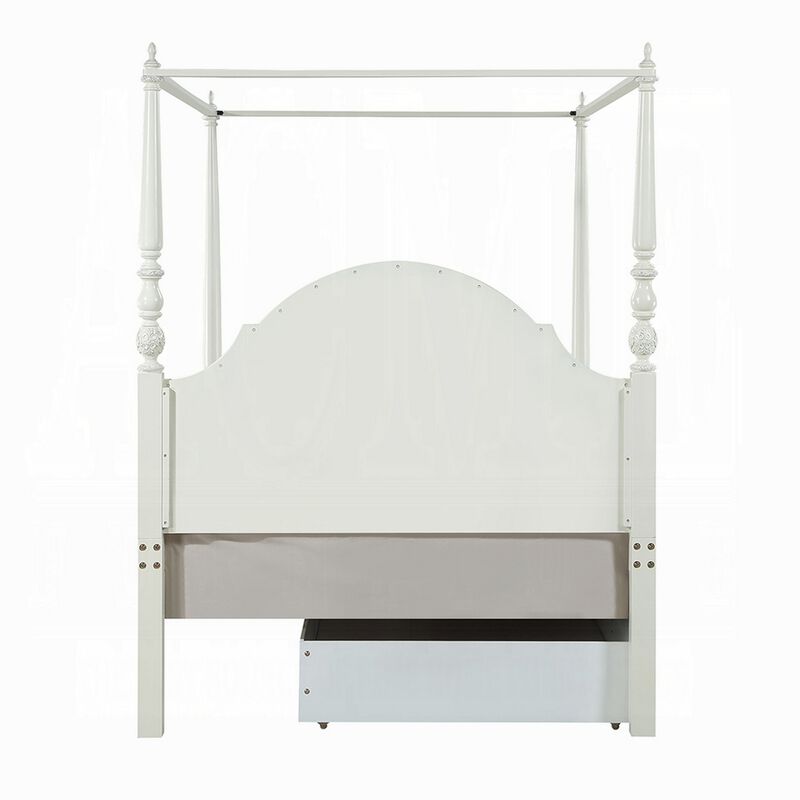 Dorie Full Size Poster Bed, Embossed Floral and Oval Molding, Ivory  - Benzara