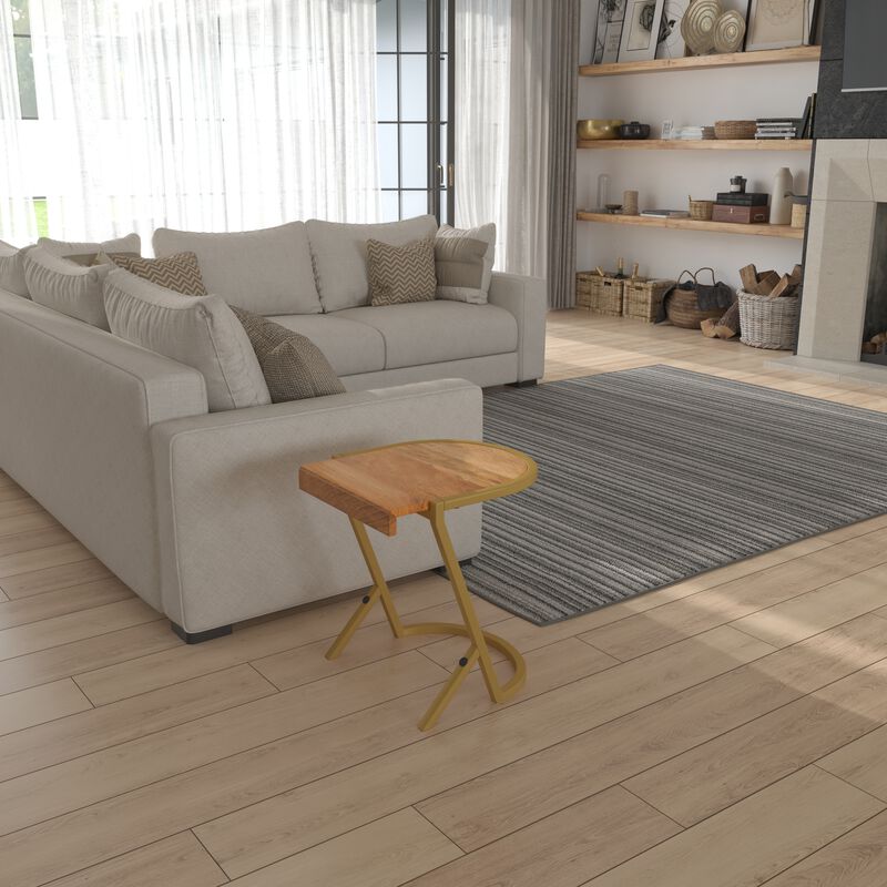 17 Inch Side End C Table, Natural Mango Wood Top with Drop Edge, Iron Gold Angled Frame - Benzara
