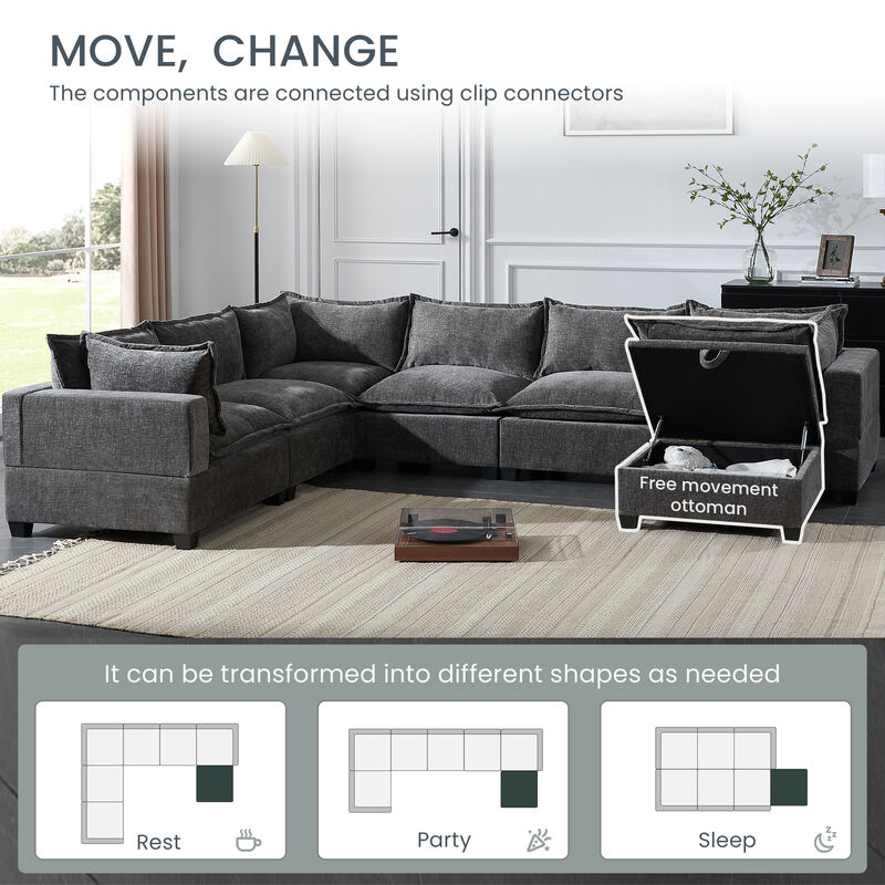 Merax Oversized Chenille Sectional Sofa with Movable Storage Ottoman