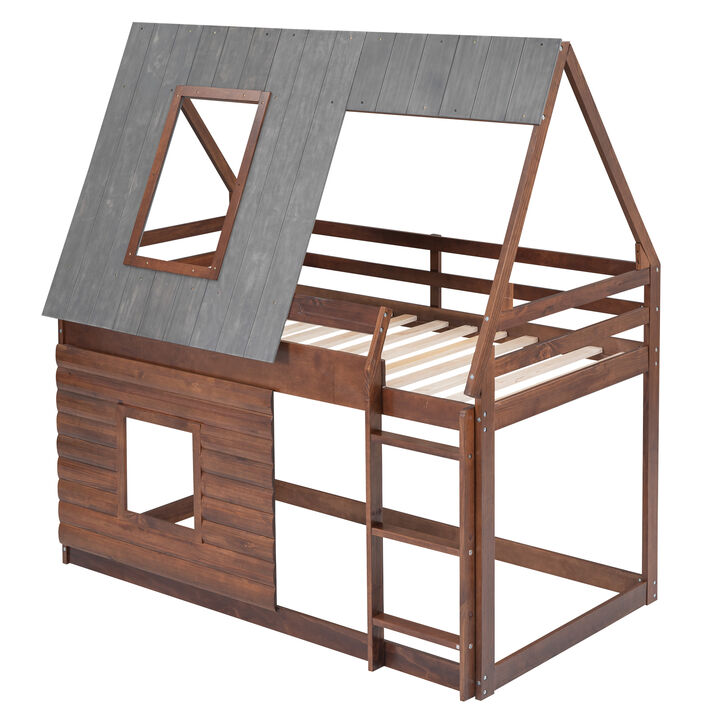 Merax House Bunk Bed with Roof and Ladder