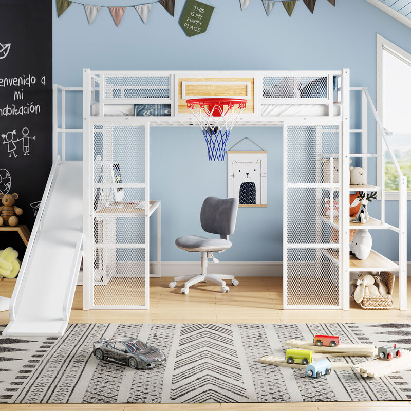 Merax  Metal Loft Bed with Desk and Open Wardrobe