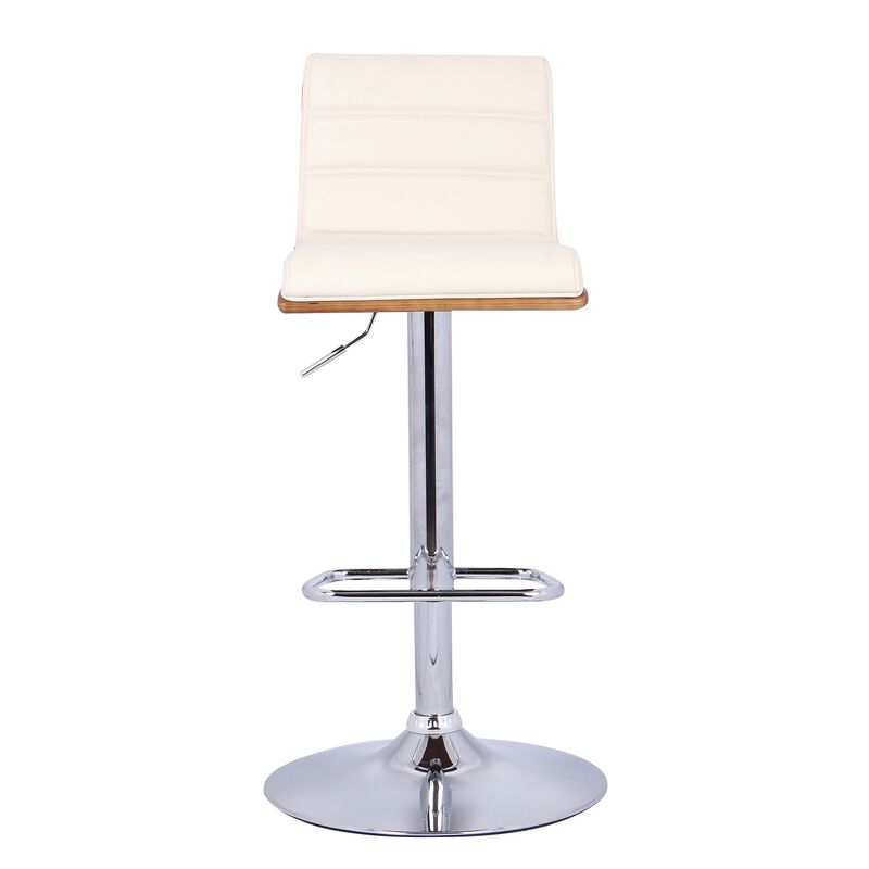 Wooden Support Faux Leather Barstool with Pedestal Base, Cream and Chrome-Benzara