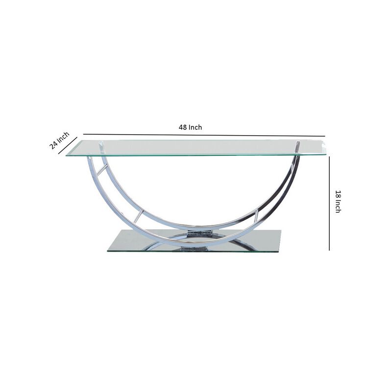 Tempered Glass Top Coffee Table with U Shape Metal Frame, Chrome and Clear-Benzara