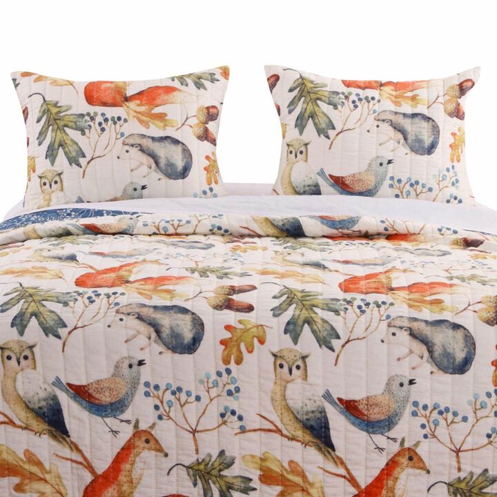 Hivvago King 3 Piece Blue Beige Birds Animals Floral Microfiber Reversible Quilt Set