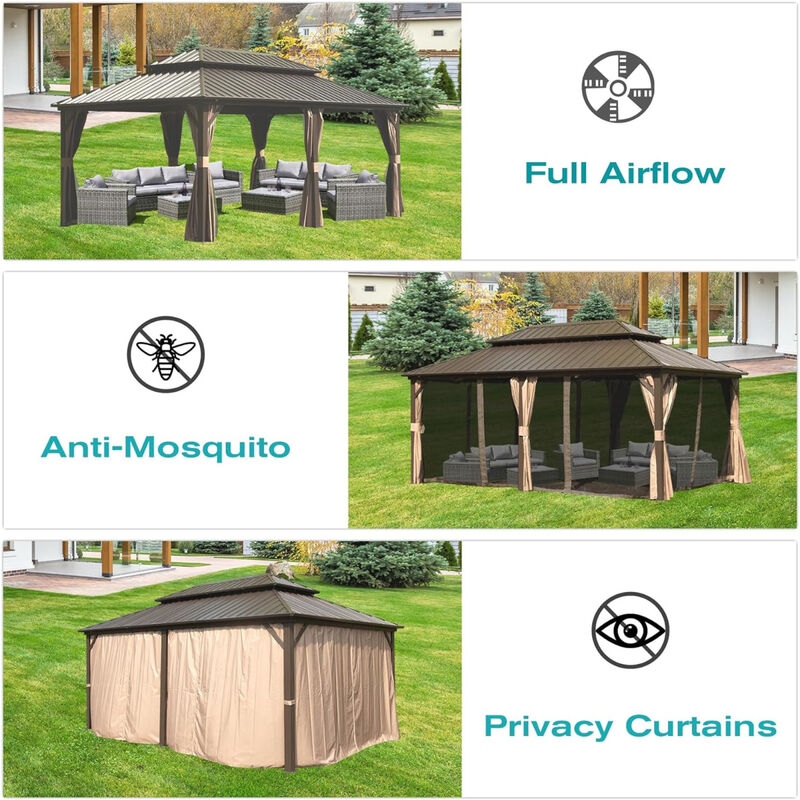 12' X 18' Hardtop Gazebo, Aluminum Metal Gazebo Withnized Steel Double Roof Canopy