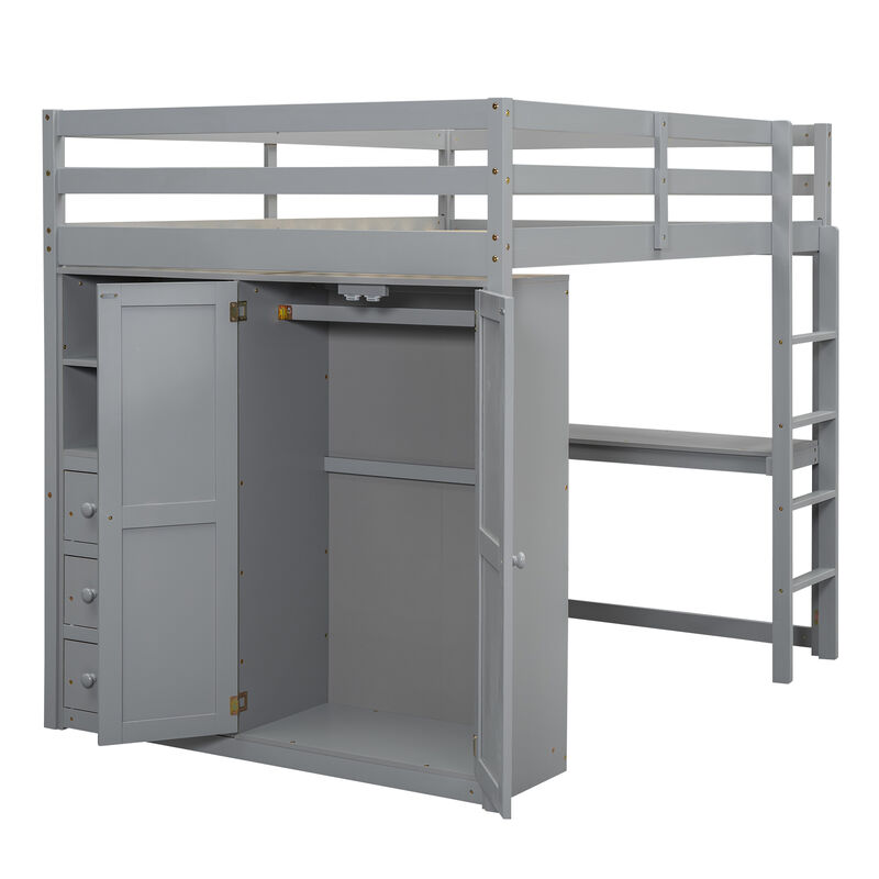 Merax Modern Loft Bed with Built-in Wardrobe and Desk