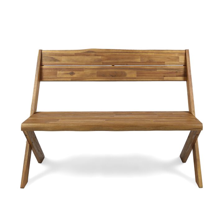 Outdoor Accent Bench, 48 Inch Classic Cross Design, Brown Acacia Wood -Benzara