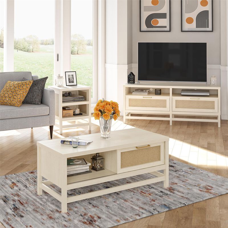 Lennon TV Stand for TVs up to 60", Ivory Oak and Faux Rattan