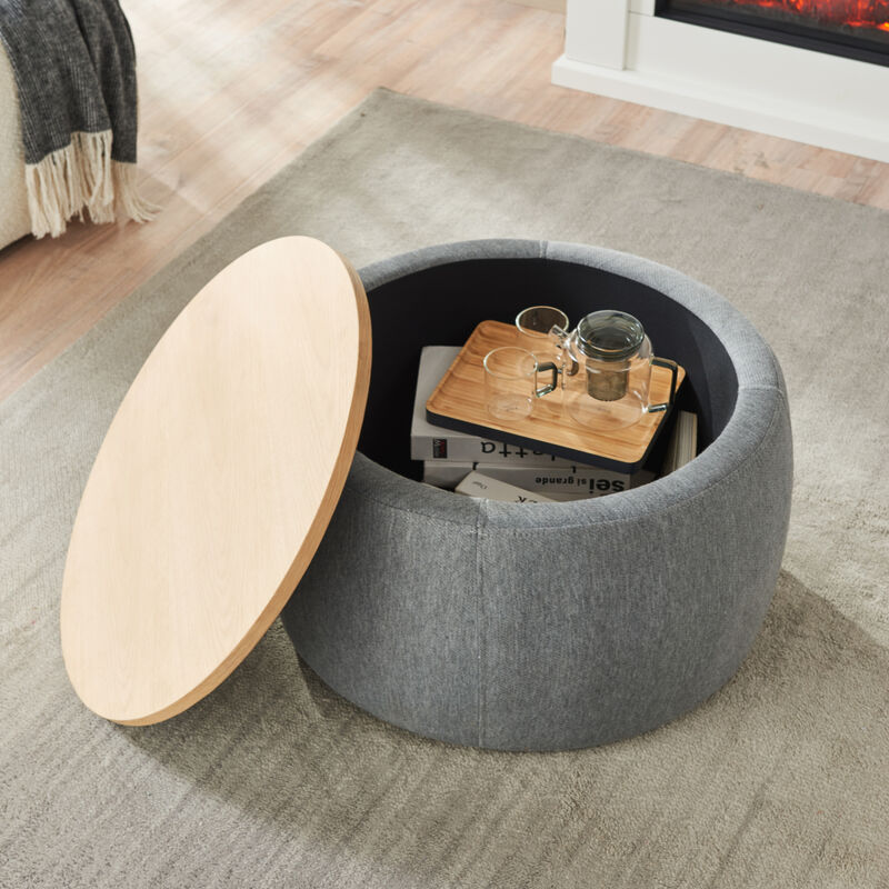 Round Storage Ottoman, 2 In 1 Function, Work As End Table And Ottoman, Dark