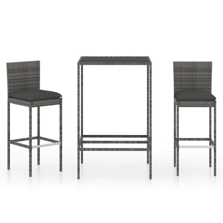 vidaXL 3 Piece Garden Bar Set with Cushions Poly Rattan Gray