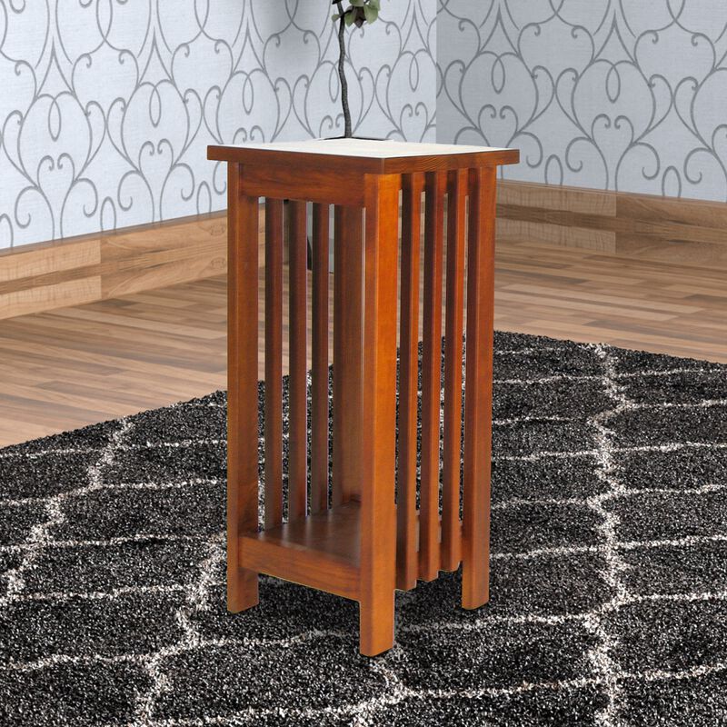 25 Inch Wooden Flower Stand with Slatted Sides and Bottom Shelf, Brown-Benzara