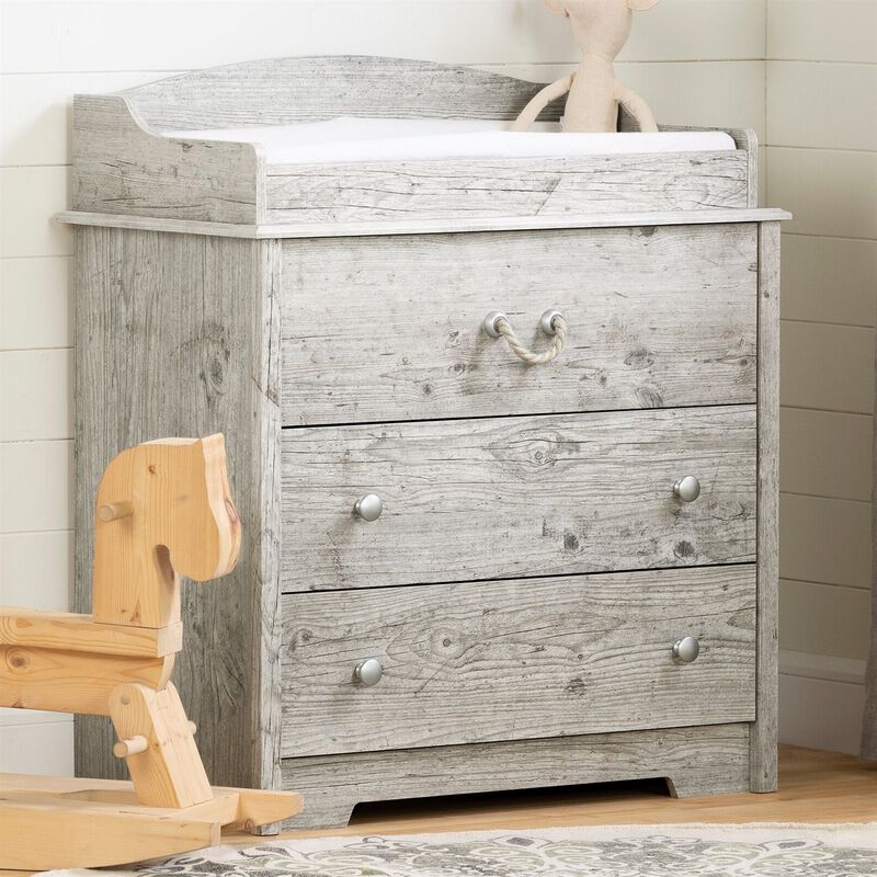 Nautical Farmhouse Baby Changing Table – 3 Drawers and Rope Handles in Washed Pine Finish