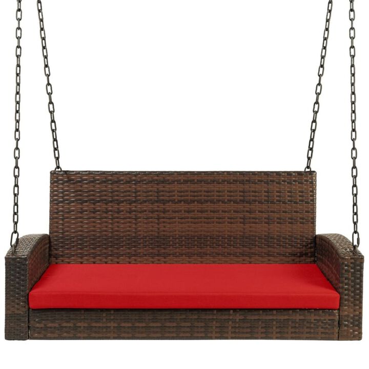 Hivvago Brown Wicker Hanging Patio Porch Swing Bench w/ Mounting Chains and Red Seat Cushion
