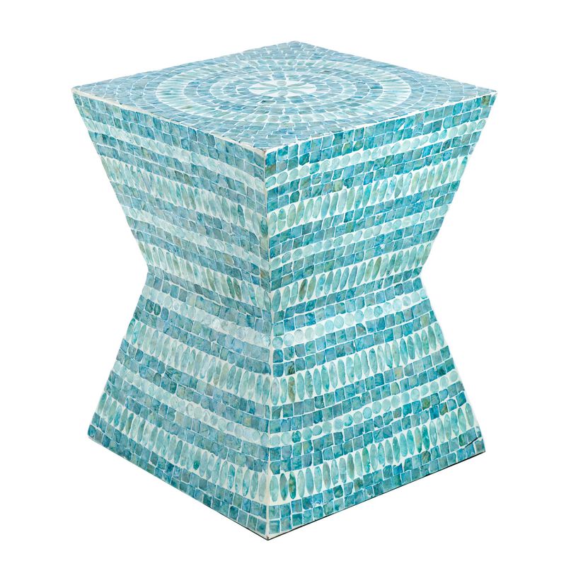 14 Inch Capiz Accent Table Stool, Blue Mosaic Geometric Hourglass Shape - Benzara