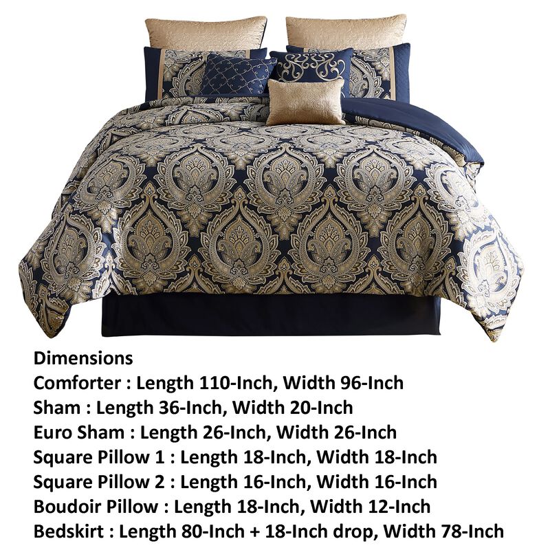Nova 10 Piece Polyester King Comforter Set, Gold Damask Print, Navy Blue - Benzara