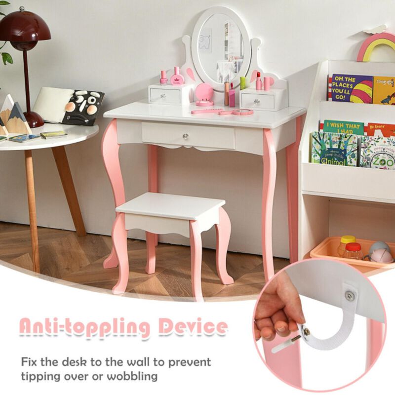 Hivvago Kids Vanity Princess Makeup Dressing Table Stool Set with Mirror and Drawer