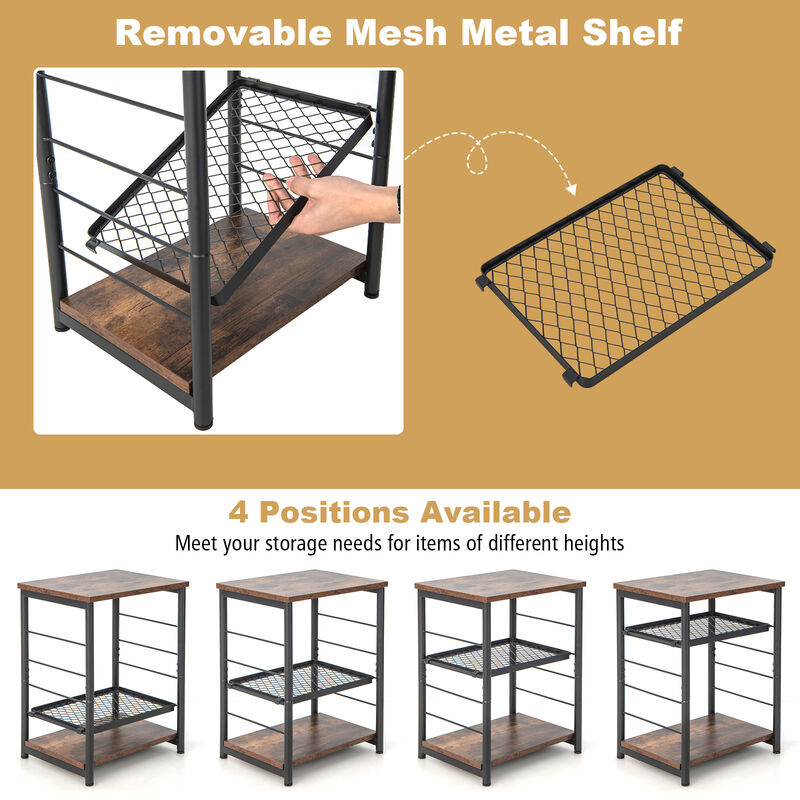 3-Tier Industrial Side Table with Adjustable Mesh Shelf for Living Room or Home Office Storage