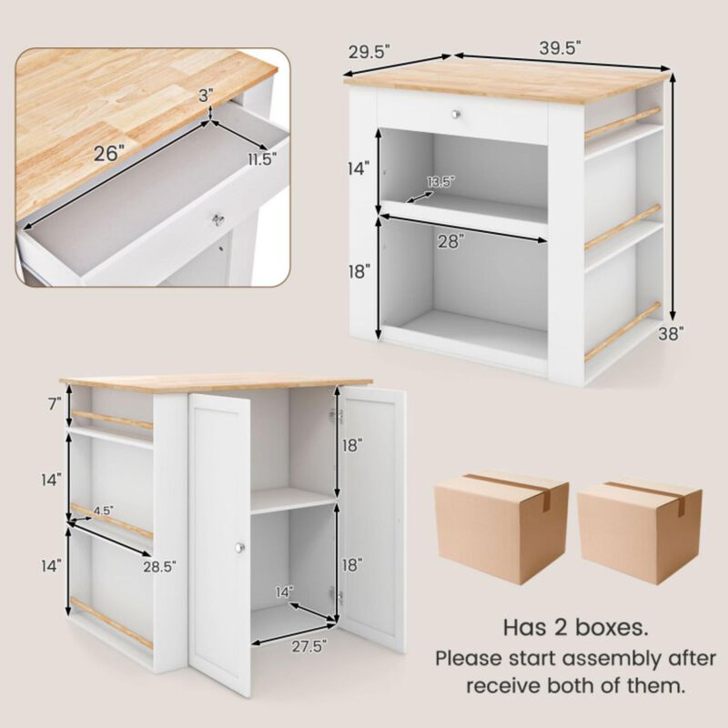 Hivvago Modern Kitchen Island with Rubber Wood Countertop and Storage