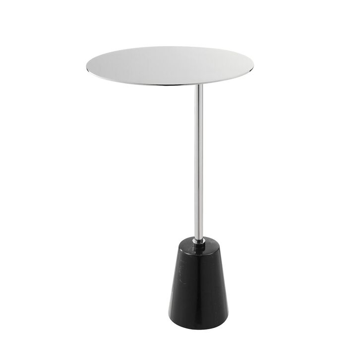 Frank 21 Inch Side End Table, Oval Chrome Steel Top, Genuine Marble Base - Benzara