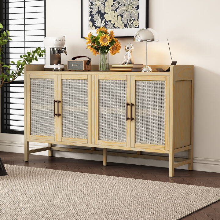Clihome Sideboard Rustic Buffet Cabinet, sideboard cabinet with Decorative Rattan Doors, Buffet Cabinet with Storage for Entryway Dining Room Kitchen Living Room,Walnut+Natural