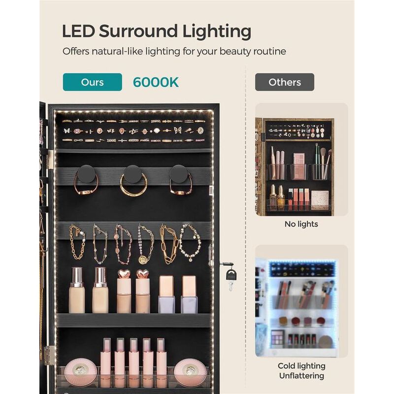 Door Mounted Jewelry Armoire with Full-Length Mirror and Organized Storage