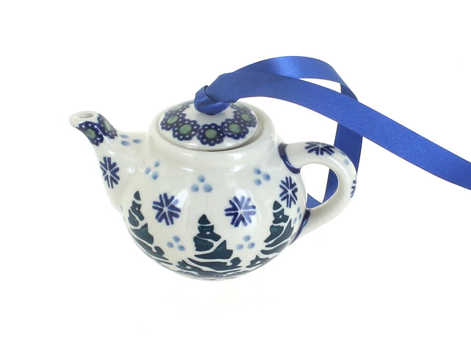 Blue Rose Polish Pottery Small Dots Teapot Ornament