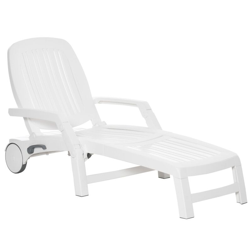 White Patio Lounger: Chaise Chair with Wheels and Storage Box