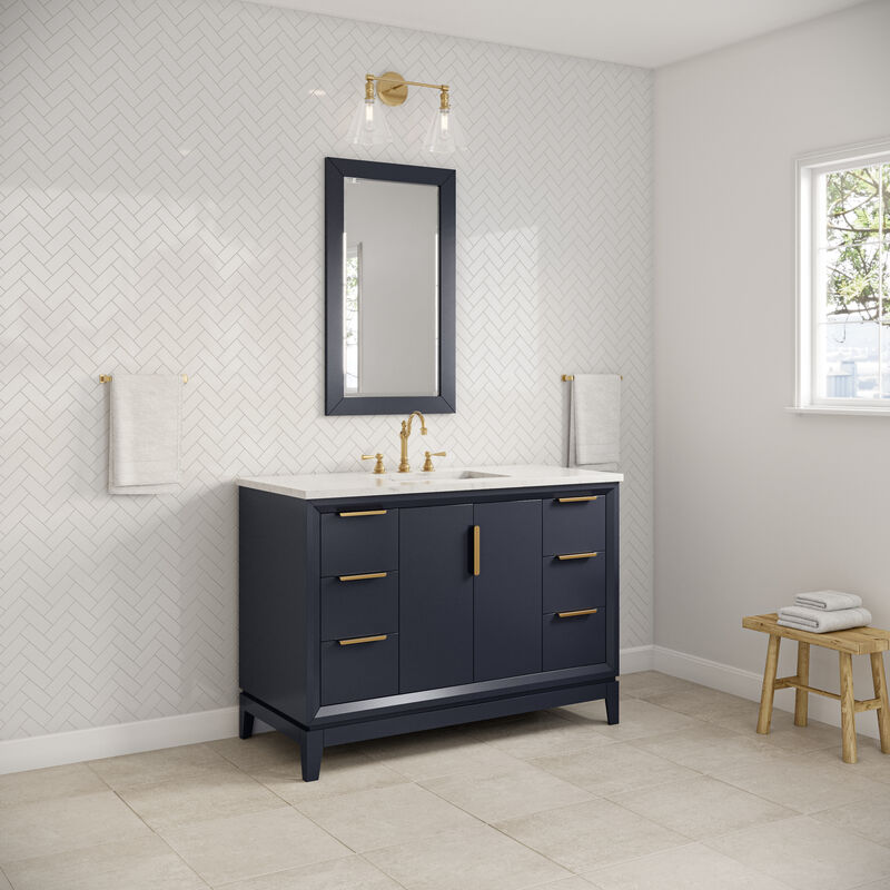 Elizabeth 48 In. Single Sink Carrara White Marble Countertop Bath Vanity In Monarch Blue with Satin Gold Hardware