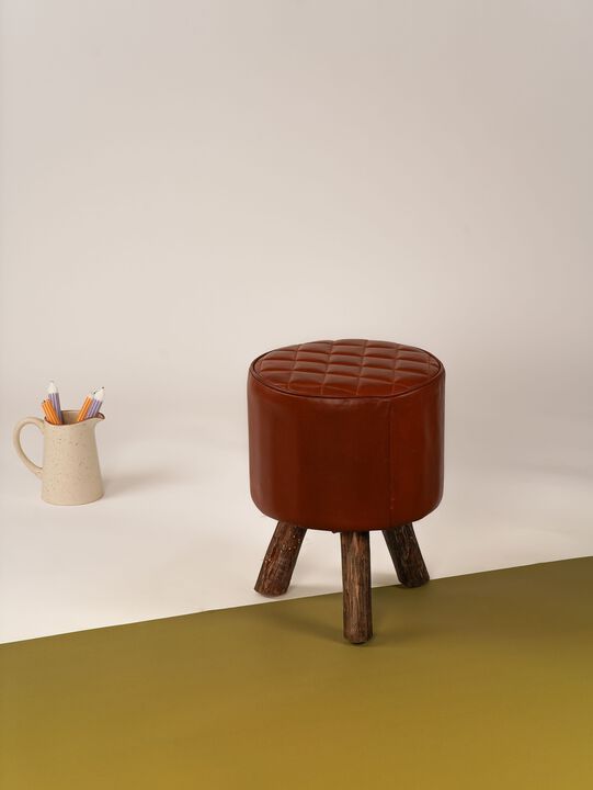 Handmade Eco-Friendly Geometric Buffalo Leather & Wood Black Round Ottomon Stool 18"X14"x14" From BBH Homes