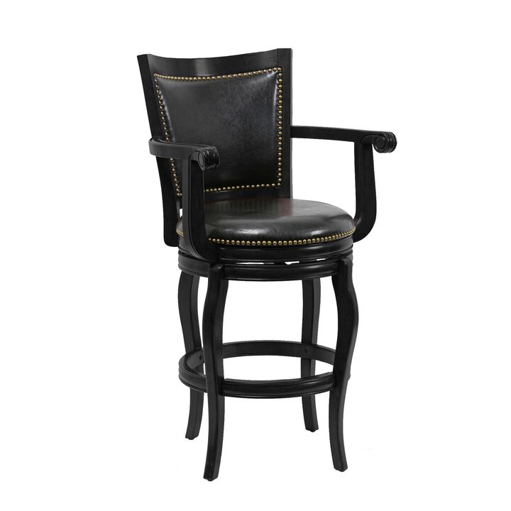 Hugo 29 Inch 360-Degree Swivel Barstool, Wood, Open Rolled Arms, Black-Benzara