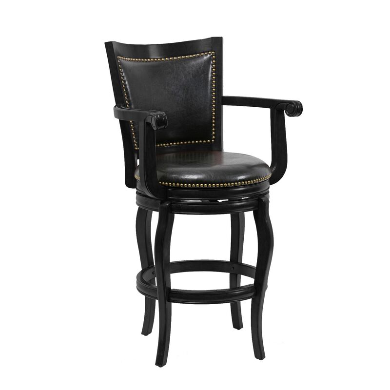 Hugo 29 Inch 360-Degree Swivel Barstool, Wood, Open Rolled Arms, Black-Benzara