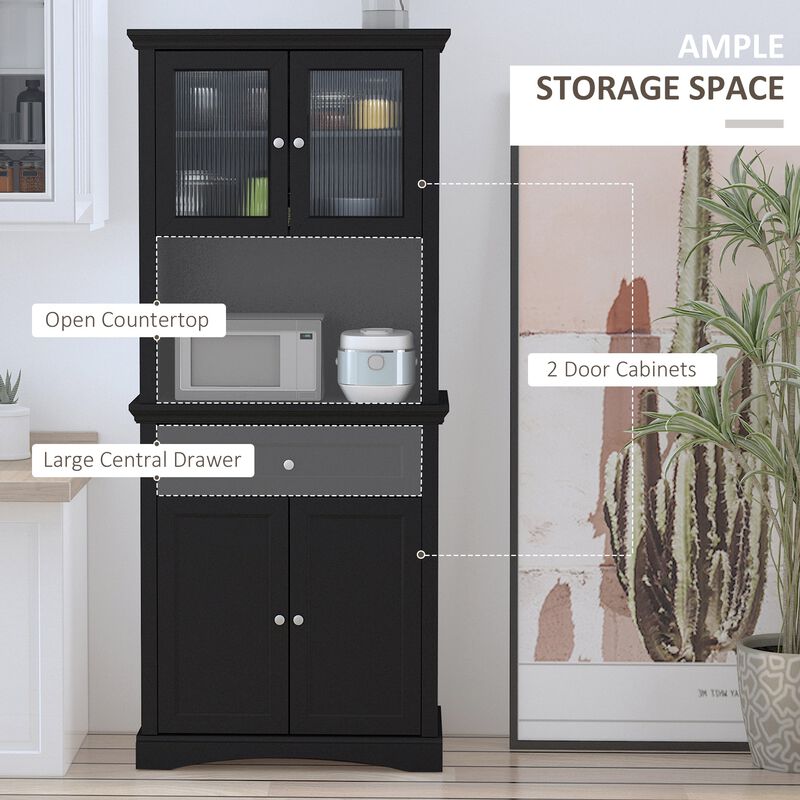 Black Kitchen Tower: 71" Freestanding Hutch Cabinet with Doors and Drawer