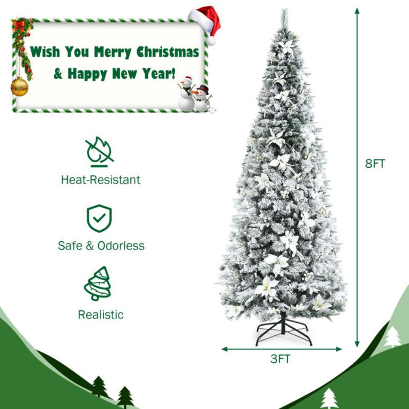 Hivvago 5/6/7/8 Feet Snow Flocked Christmas Tree with Berries and Poinsettia Flowers