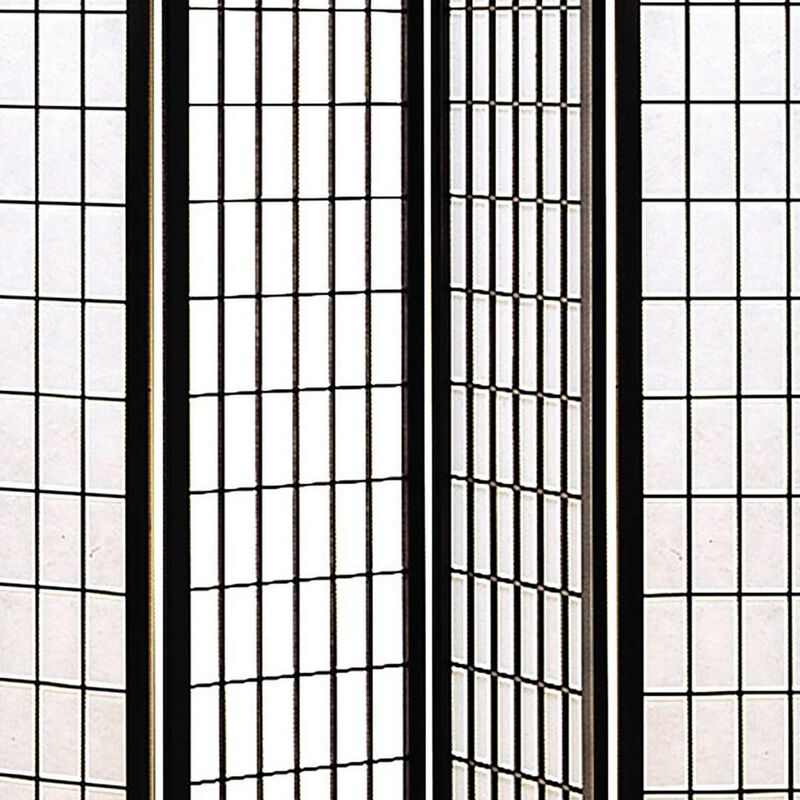 4 Panel Foldable Wooden Frame Room Divider with Grid Design, Black-Benzara
