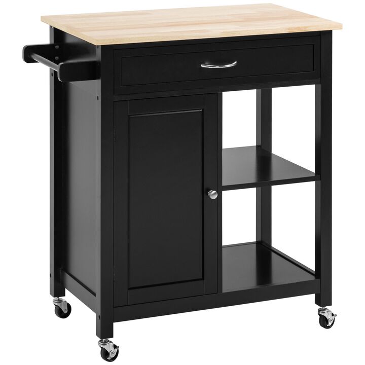 Black Kitchen Cart: Utility Trolley with Wood Top & Drawer
