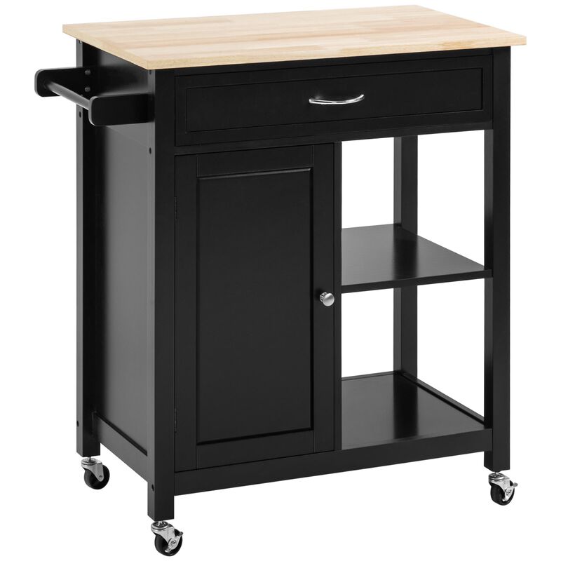 Black Kitchen Cart: Utility Trolley with Wood Top & Drawer