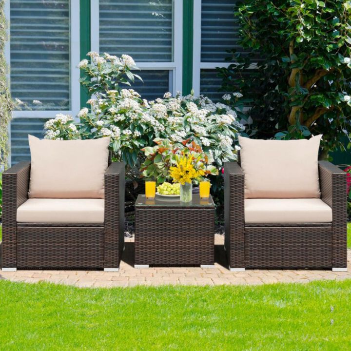 Hivvago 3 Pieces Patio Conversation Rattan Furniture Set with Cushion