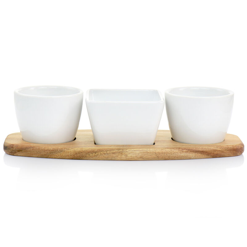 Gibson Elite Gracious Dining 4 Piece Fine Ceramic Tidbit Dish Set with Acacia Wood Base