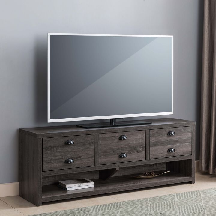 Distressed Grey TV Stand with 3 Drawers and Open Bottom Shelf