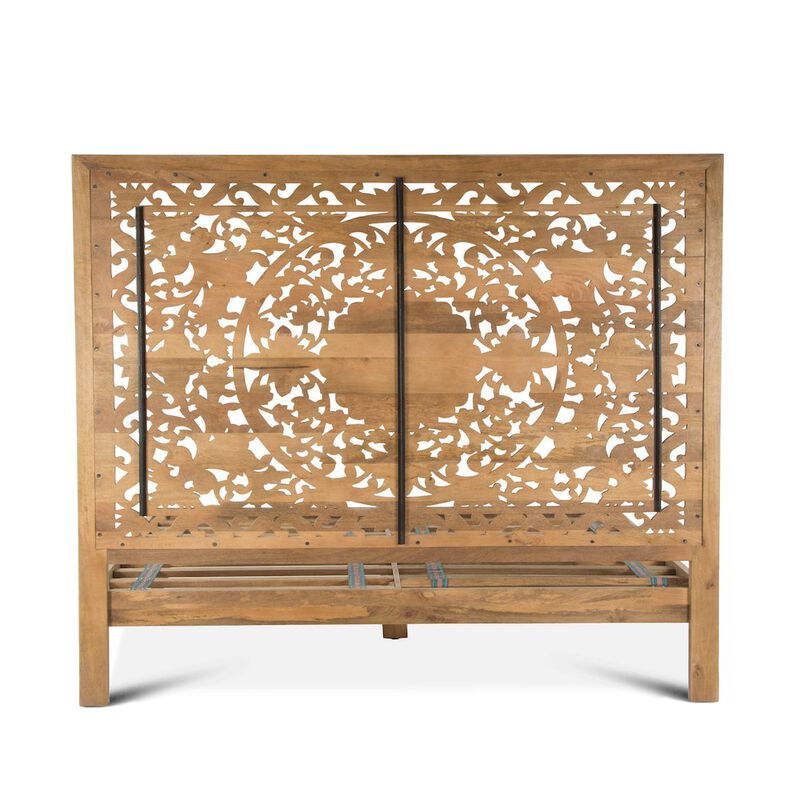 World Interiors Haveli Mango Wood Queen Bed in Natural Whitewash Finish