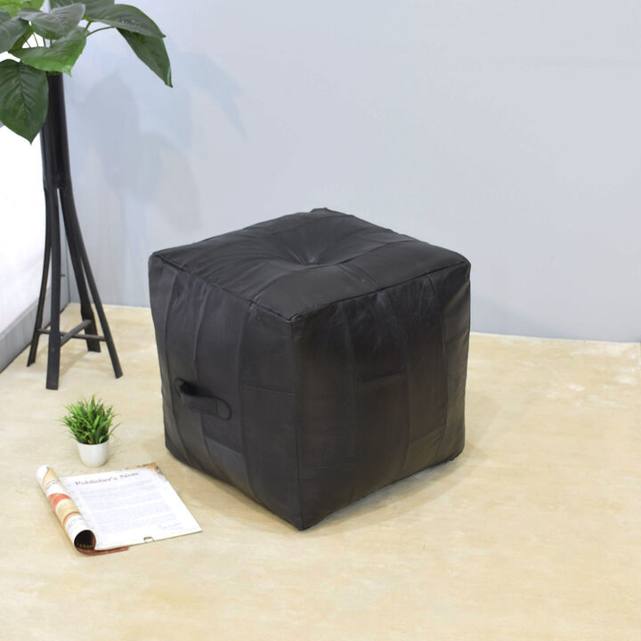 Geometric Handmade Leather Square Pouf 16"x16"x16" (Recycled Foam with Fibre Fill) Black Color MABBBACPF25 BBH Homes