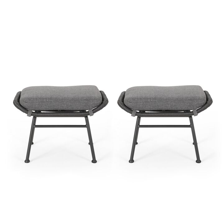 Margo Outdoor Ottoman Set of 2, 24 Inch Black Iron, Gray Cushion -Benzara