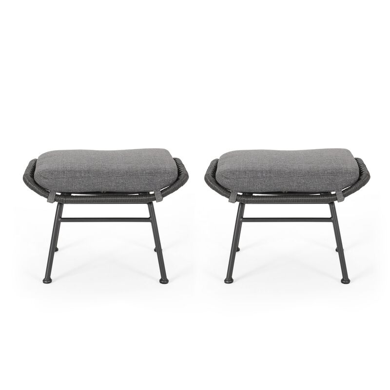 Margo Outdoor Ottoman Set of 2, 24 Inch Black Iron, Gray Cushion -Benzara