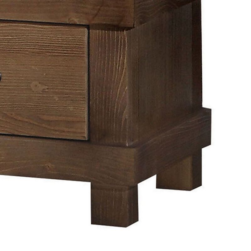 Two Drawer Nightstand With Metal Handle, Antique Oak-Benzara
