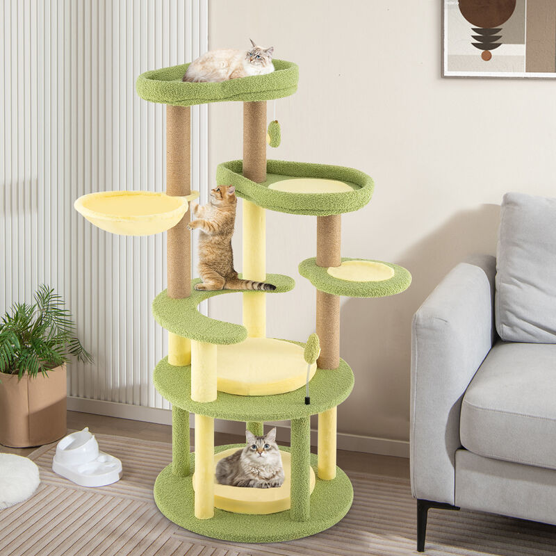 Multi-level Cat Tree Avocado Theme Cat Tower with Wide Perch Rotatable Basket