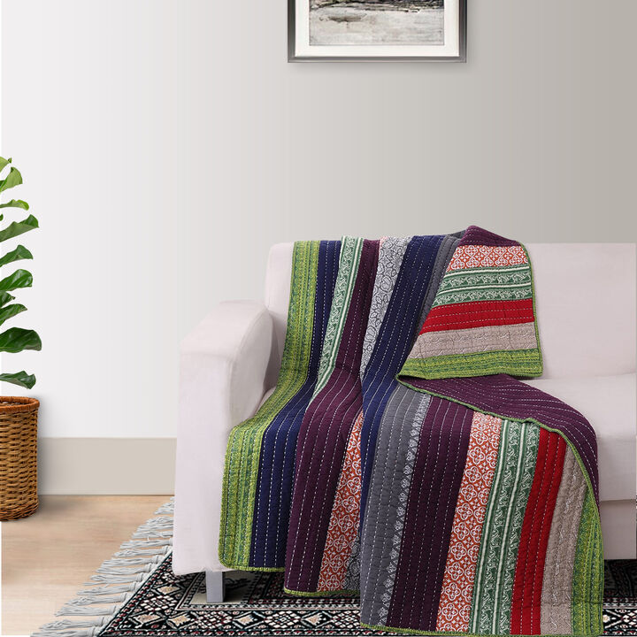 60 Inch Cotton Throw Blanket, Multi Color Stripes, Kantha Hand Quilting-Benzara